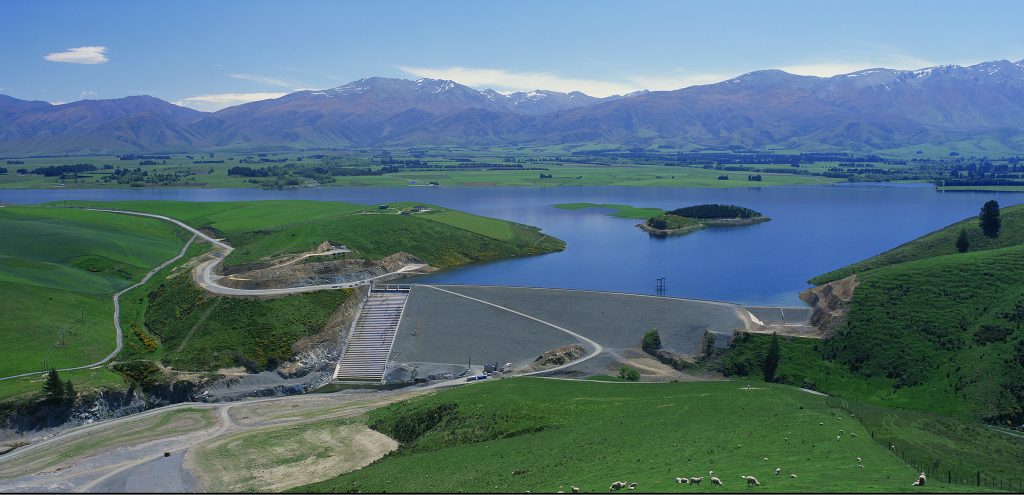 Opuha Dam New Zealand, wide angle shot of dam infrastructure